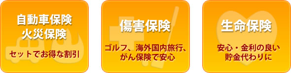 自動車保険、火災保険、傷害保険、生命保険